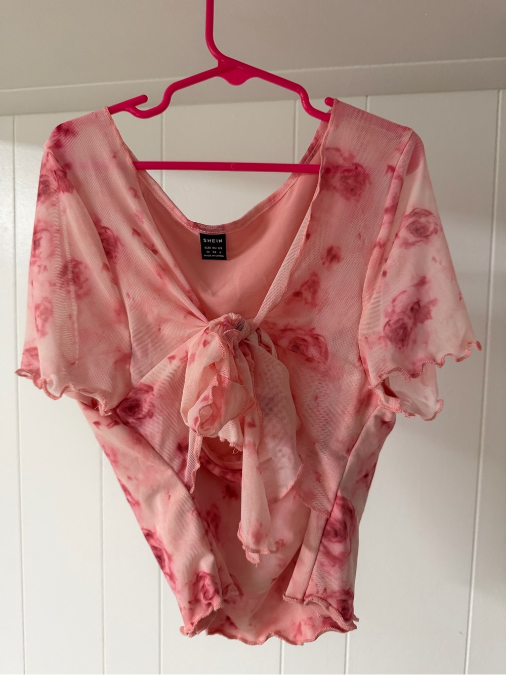 SHEIN Pink Tie-Front Floral Mesh Blouse